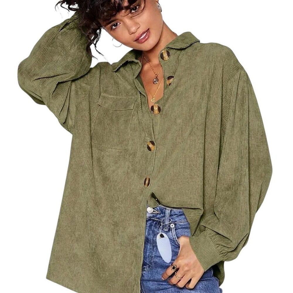 NastyGal Oversized Button Up Corduroy Shirt Shacket Green - Size 16